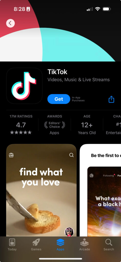 Tiktok's listing page in the iOS app store
